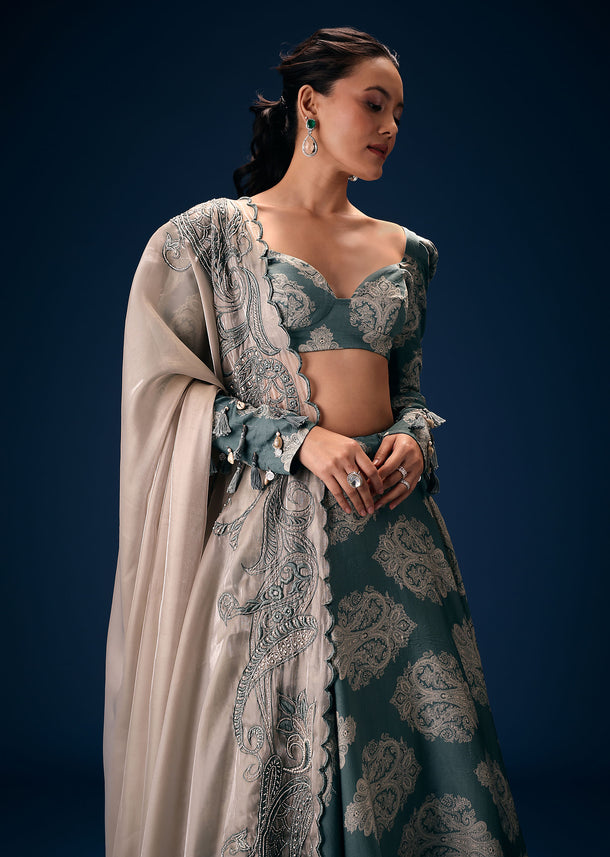 Pearl Blue Printed Lehenga Set With Embroidered Oyster Organza Dupatta