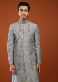 Silver Grey Thread Embroidered Raw Silk Sherwani Set