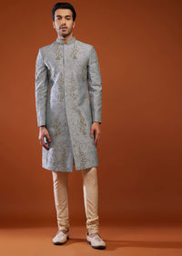Silver Grey Thread Embroidered Raw Silk Sherwani Set