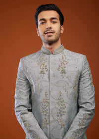 Silver Grey Thread Embroidered Raw Silk Sherwani Set