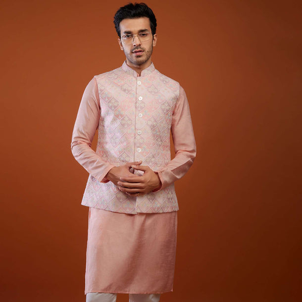 Powder Pink Embroidered Bandi Jacket Set In Silk