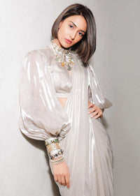 Pearl Ready Pleated Saree In Metallic Lycra With Organza Blouse Featuring Bishop Sleeves Online