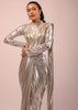 Pearl Ready Pleated Saree In Metallic Lycra With A High Neck Blouse Having Elegant Full Sleeves