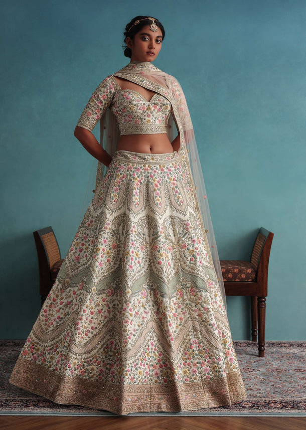 Pearl White Embroidered 12 Kali Bridal Lehenga In Raw Silk With Hand Embroidery