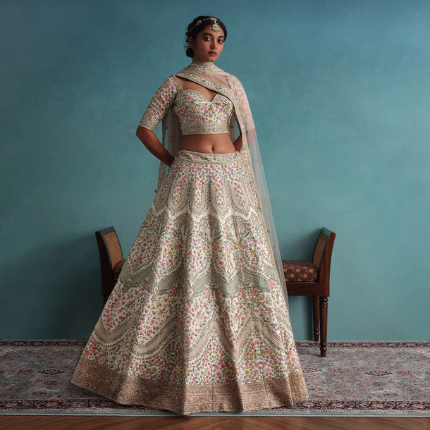 Pearl White Embroidered 12 Kali Bridal Lehenga In Raw Silk With Hand Embroidery