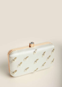 Pearl White Festive Embroidered Clutch In Raw Silk