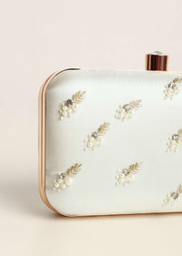 Pearl White Festive Embroidered Clutch In Raw Silk