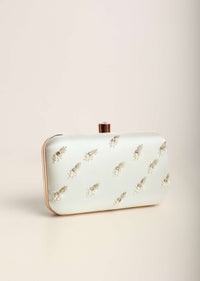 Pearl White Festive Embroidered Clutch In Raw Silk
