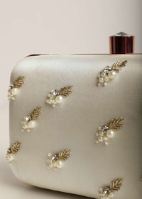 Pearl White Festive Embroidered Clutch In Raw Silk