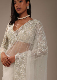 Pearl White Heavily Embroidered Net Saree
