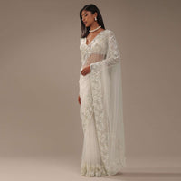 Pearl White Heavily Embroidered Net Saree