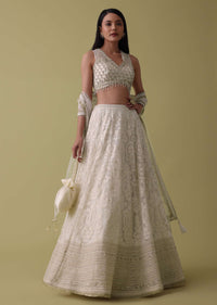 Pearl White Lehenga Suit Set In Georgette With Lucknowi Embroidery