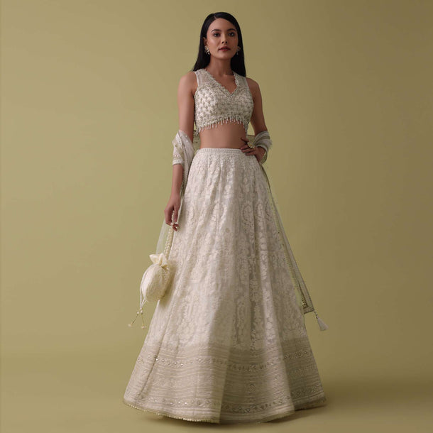 Pearl White Lehenga Suit Set In Georgette With Lucknowi Embroidery