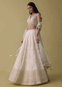 Pearl White Lehenga Suit Set In Georgette With Lucknowi Embroidery