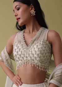 Pearl White Lehenga Suit Set In Georgette With Lucknowi Embroidery