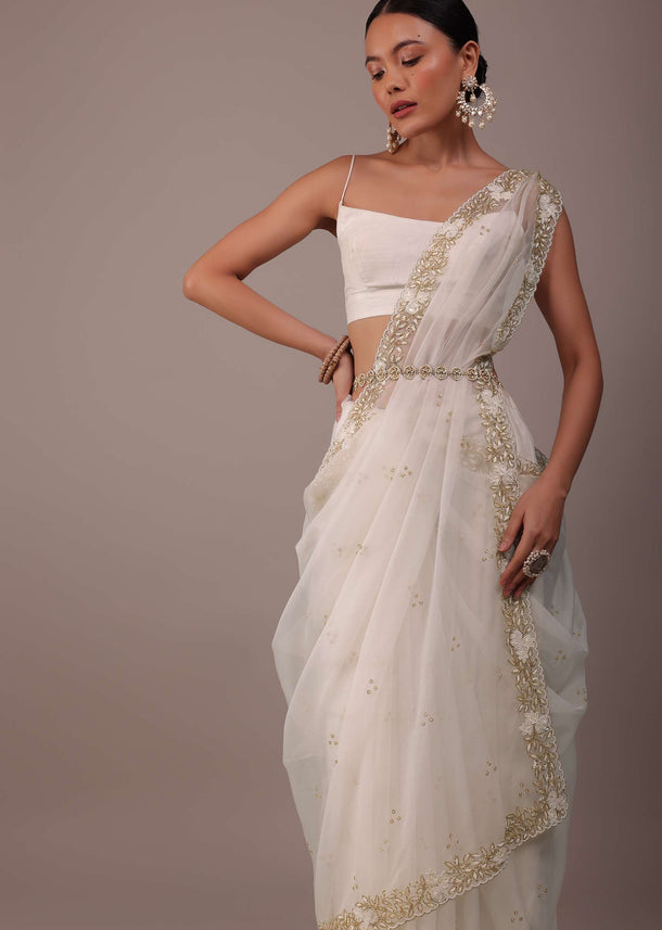 Pearl White Organza Saree With Cut Dana Embroidery