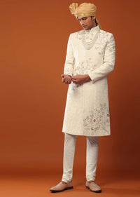 Pearl White Sherwani Set In Silk With Moti Handwork