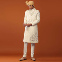 Pearl White Sherwani Set In Silk With Moti Handwork