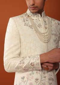 Pearl White Sherwani Set In Silk With Moti Handwork