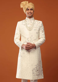Pearl White Sherwani Set In Silk With Moti Handwork