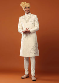 Pearl White Sherwani Set In Silk With Moti Handwork