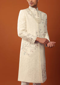Pearl White Sherwani Set In Silk With Moti Handwork