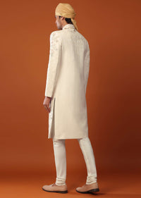 Pearl White Sherwani Set In Silk With Moti Handwork