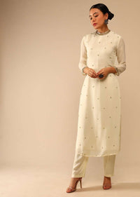 Pearl White Straight Cut Suit Without dupatta in Sequin Embellished Buttis