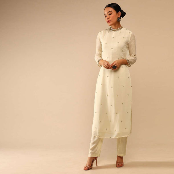 Pearl White Straight Cut Suit Without dupatta in Sequin Embellished Buttis