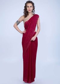 Red Saree In Chiffon With Sequins And Pearls Online - Kalki Fashion