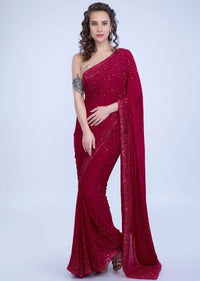 Red Saree In Chiffon With Sequins And Pearls Online - Kalki Fashion