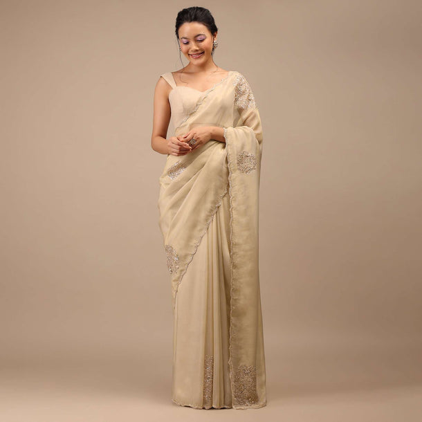 Pebble Brown Glass Tissue Saree Adorned With Floral Buttis, Zardosi Embroidery And 3D Sequins