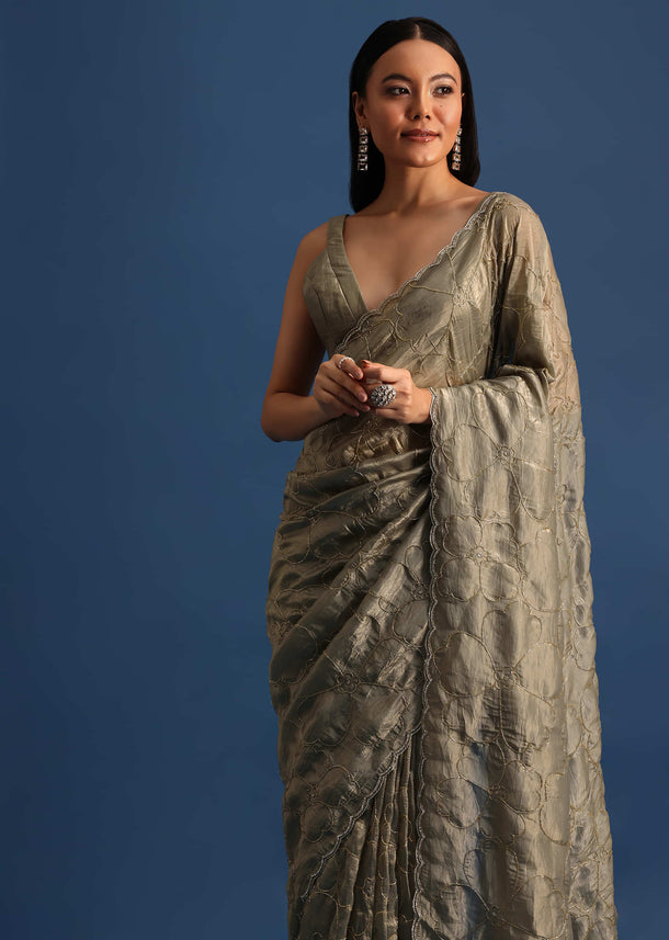 Pencil Grey Cutdana Embroidered Crepe Saree With Unstitched Blouse