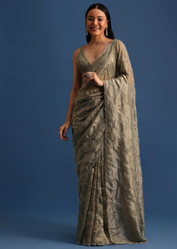 Pencil Grey Cutdana Embroidered Crepe Saree With Unstitched Blouse