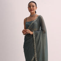 Pencil Grey Saree With Embroidered Border And Unstitched Blouse