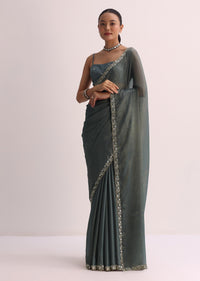 Pencil Grey Saree With Embroidered Border And Unstitched Blouse