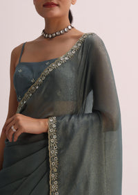 Pencil Grey Saree With Embroidered Border And Unstitched Blouse