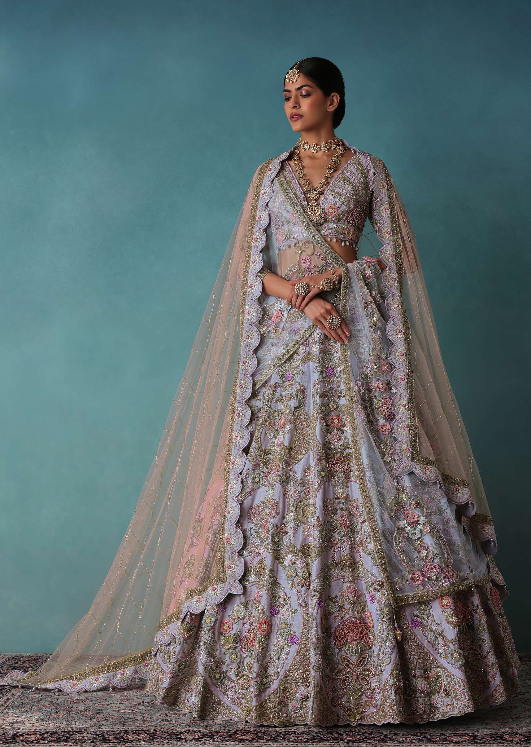 Periwinkle Blue Heavy Raw Silk Bridal Lehenga Set With Hand Work