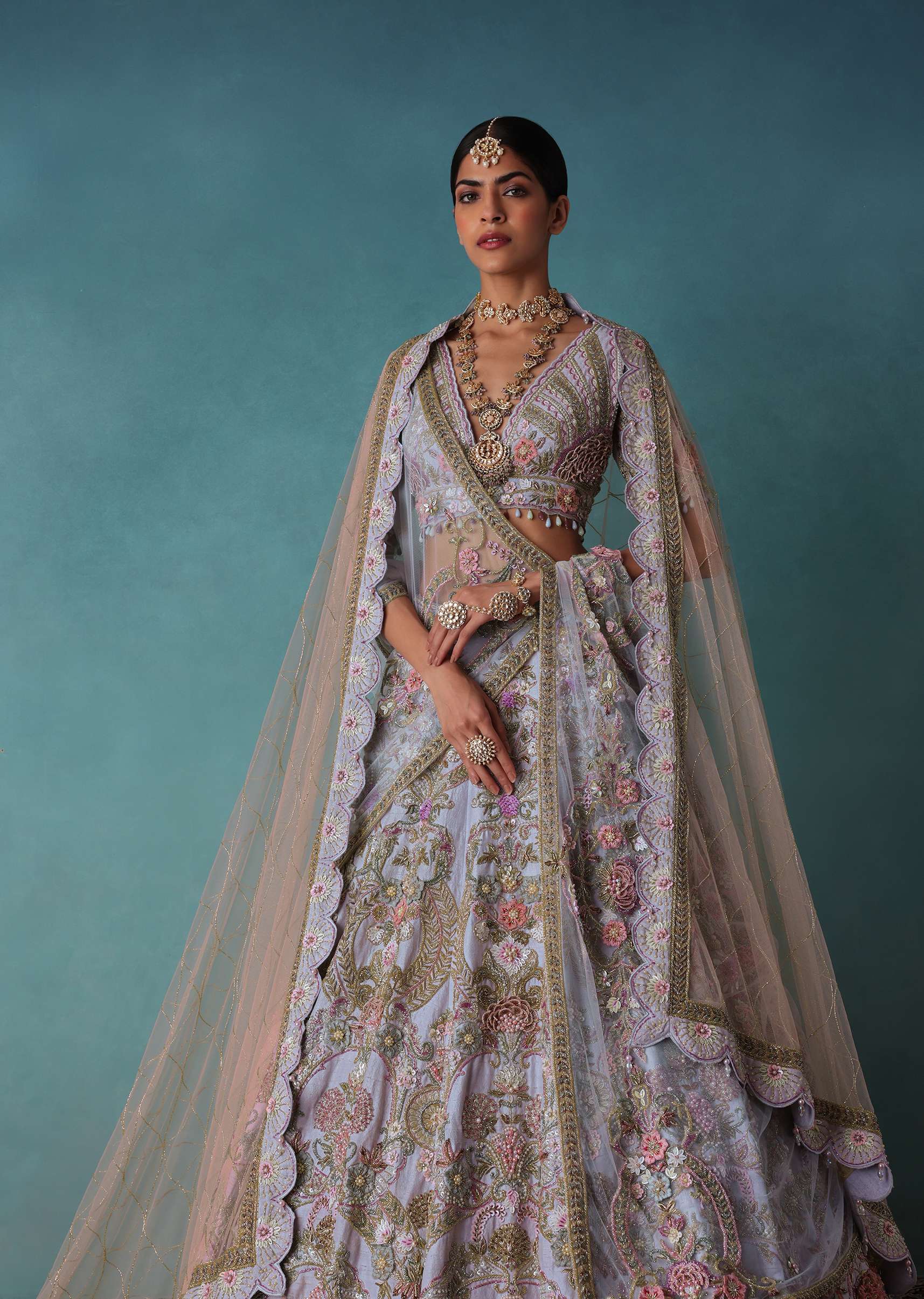 Periwinkle Blue Heavy Raw Silk Bridal Lehenga Set With Hand Work