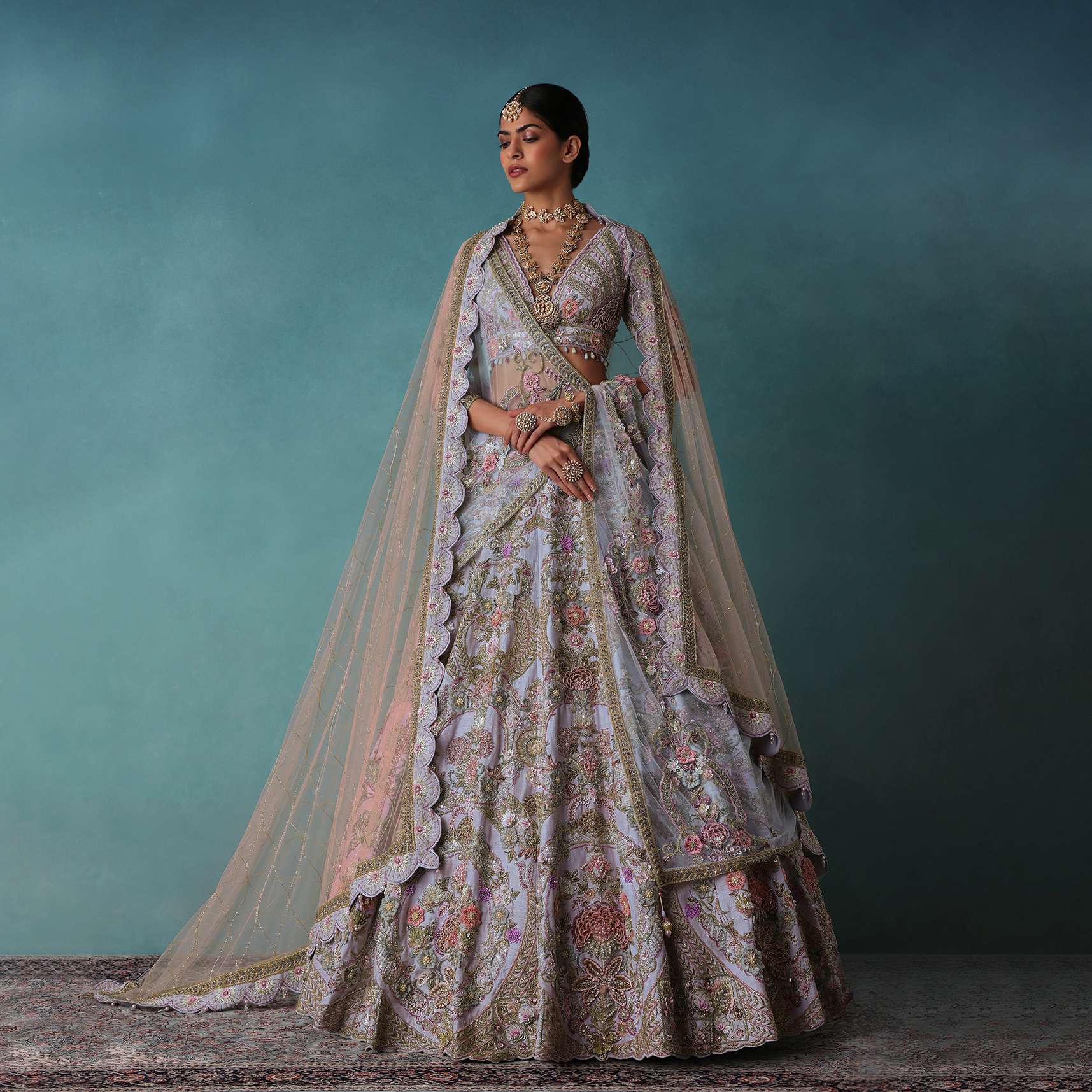 Periwinkle Blue Heavy Raw Silk Bridal Lehenga Set With Hand Work