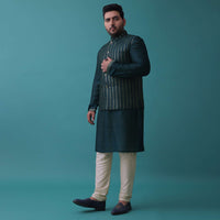 Persian Blue Silk Jacket Kurta Set With Zari Embroidery