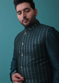 Persian Blue Silk Jacket Kurta Set With Zari Embroidery