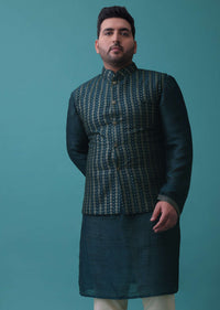 Persian Blue Silk Jacket Kurta Set With Zari Embroidery