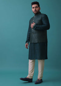 Persian Blue Silk Jacket Kurta Set With Zari Embroidery