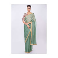 Persian green organza saree with pink floral embroidered blouse only on kalki