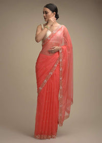 Persian Pink Saree In Organza With Hand Embroidered Floral Floral Border And Scattered Buttis