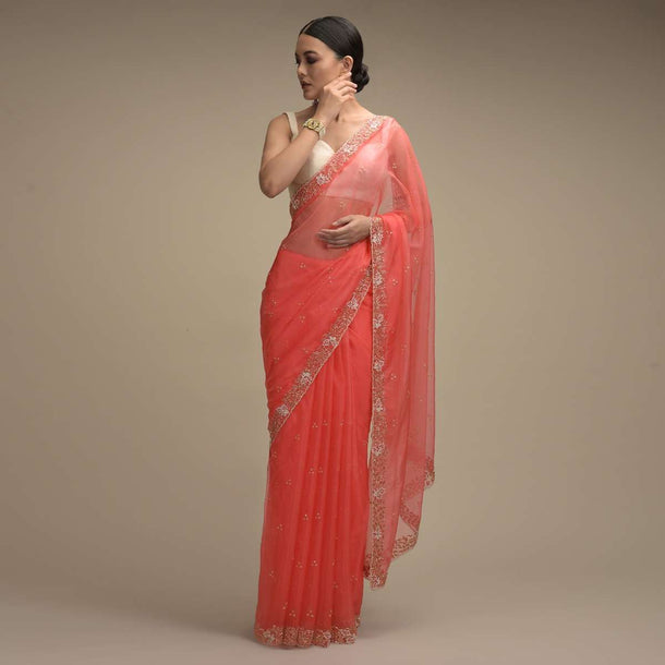 Persian Pink Saree In Organza With Hand Embroidered Floral Floral Border And Scattered Buttis