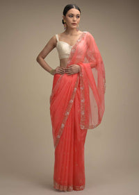 Persian Pink Saree In Organza With Hand Embroidered Floral Floral Border And Scattered Buttis