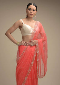 Persian Pink Saree In Organza With Hand Embroidered Floral Floral Border And Scattered Buttis