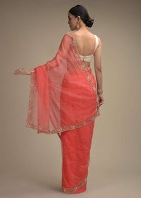 Persian Pink Saree In Organza With Hand Embroidered Floral Floral Border And Scattered Buttis